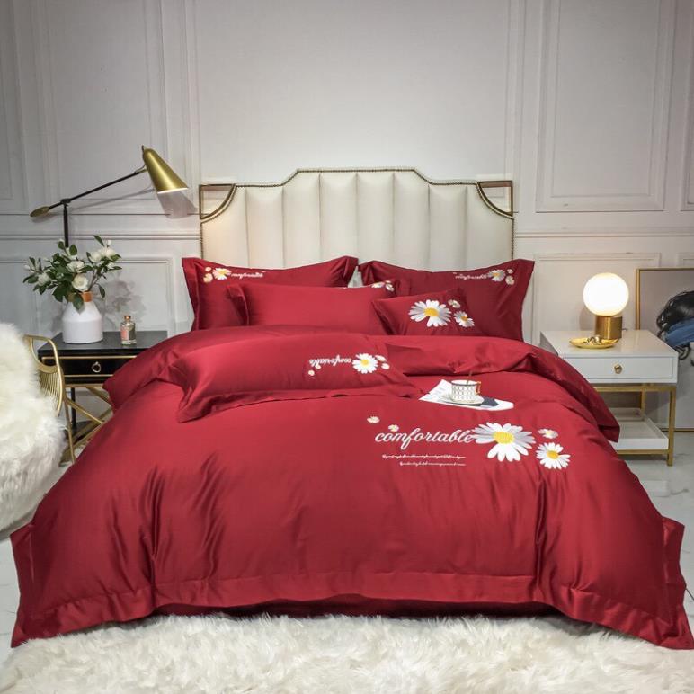 Bộ Ga Gối 4 Món Thuong Hiệu 🌸BEAR🌸 Lụa Thêu HOA CÚC MÀU XANH THAN. Sang Trọng Tinh Tế. Hàng Nhập. | BigBuy360 - bigbuy360.vn