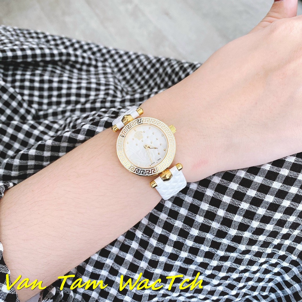 Đồng hồ nữ Versace mini vanitas 30mm máy Swiss quartz, mẫu mặt tròn 2 màu viền vàng, họa tiết mặt trùng họa tiết dây da