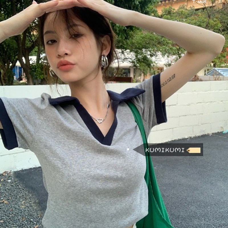 【ZHELIHANGFEI】 Áo Thun POLO Dệt Kim Ngắn Tay Phối Màu Tương Phản Cá Tính