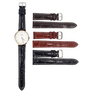 Dây da đồng hồ nam da cá sấu đốt tre khâu tay chỉ trắng cao cấp D103 size 18mm, 20mm, 22mm, 24mm DA THẬT-BH24 tháng