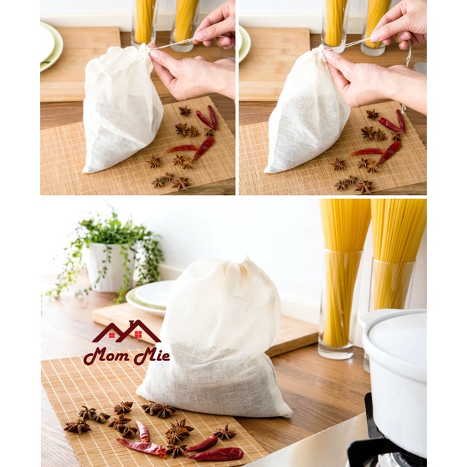 Túi lọc gia vị, lọc trà, lọc thực phẩm đun nấu bằng vải cotton có dây rút - J102
