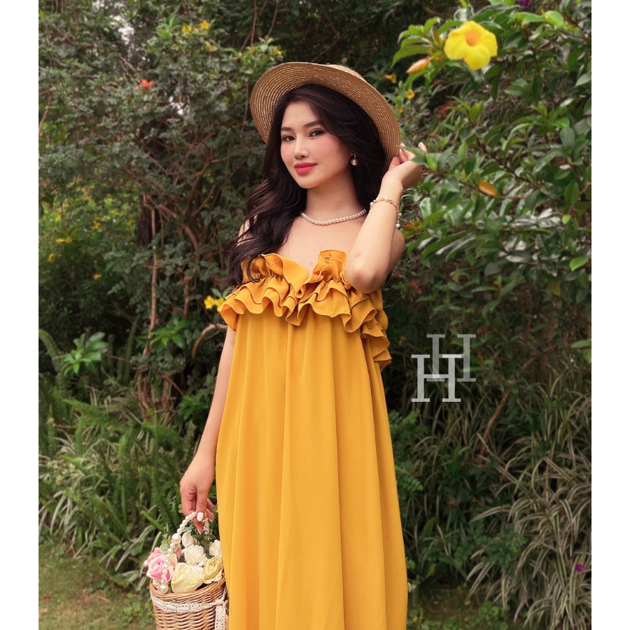 Đầm HDC104 babydoll hai dây dài, váy maxi suông đi biển màu vàng Hỉn Hỉn Store