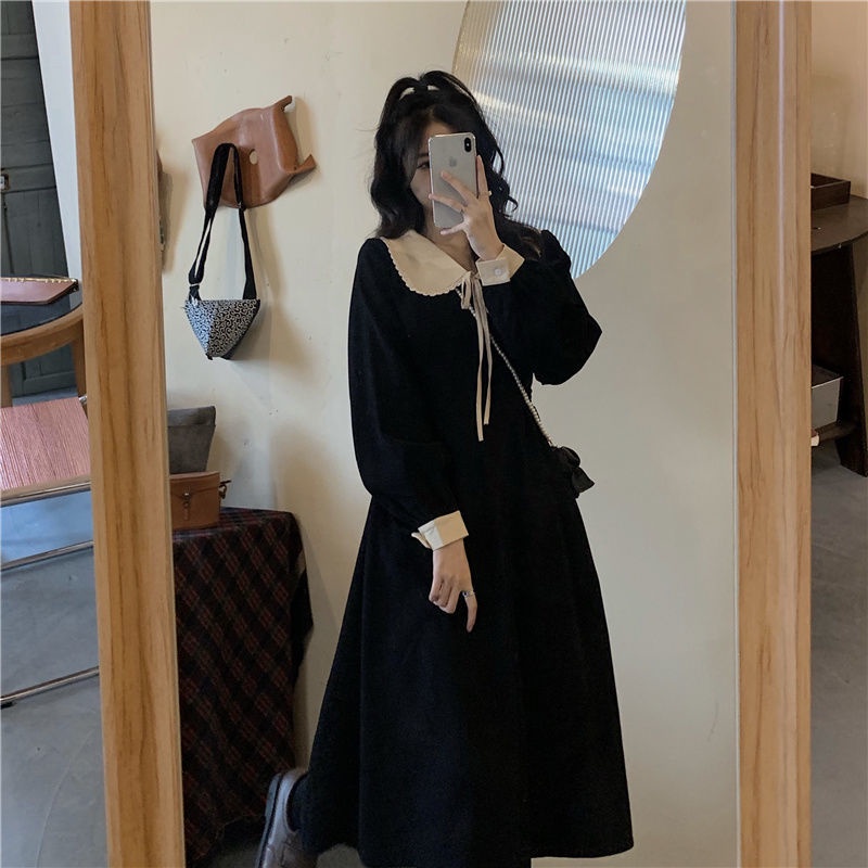 Đầm Midi Tay Dài Cổ Peter Pan Cột Dây Phong Cách Hàn Quốc Ngọt Ngào Thời Trang Cho Nữ