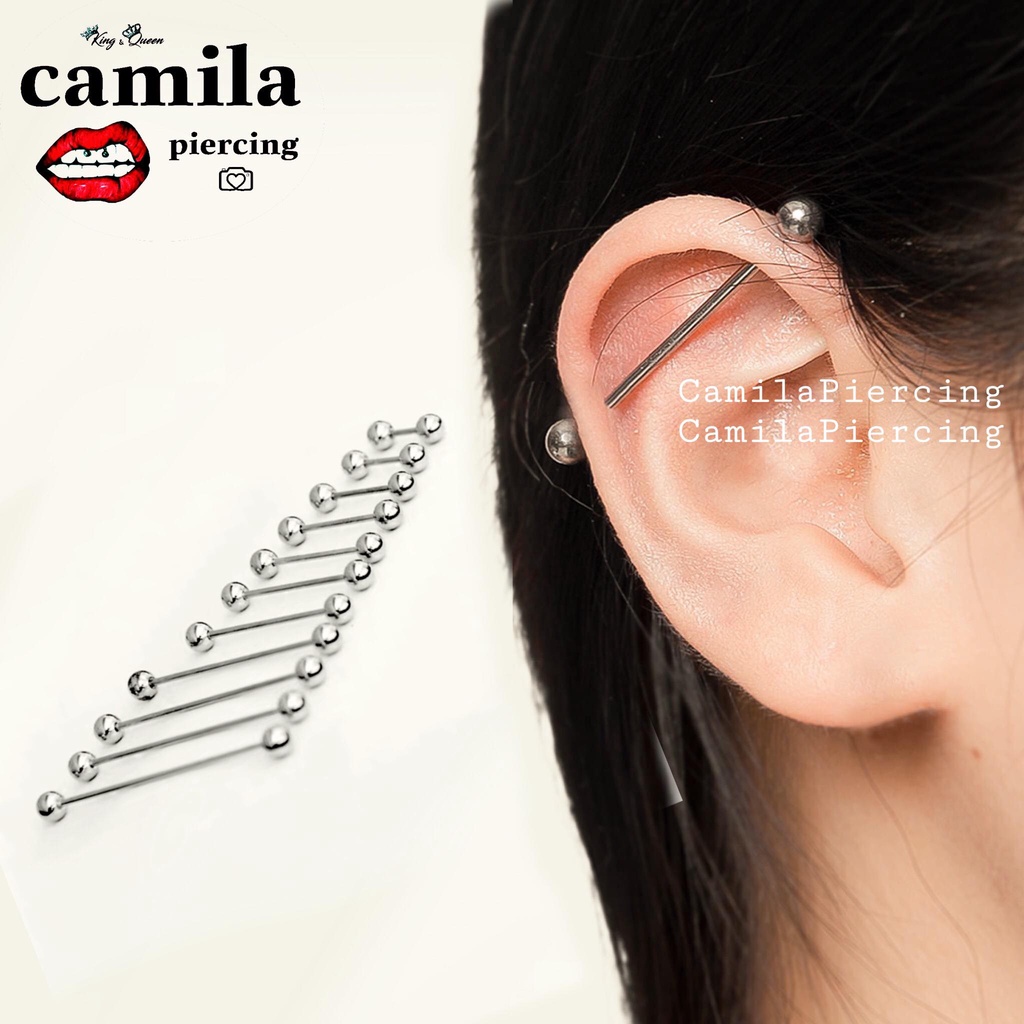 Khuyên Tai Industrial thanh thẳng 2 đầu bi