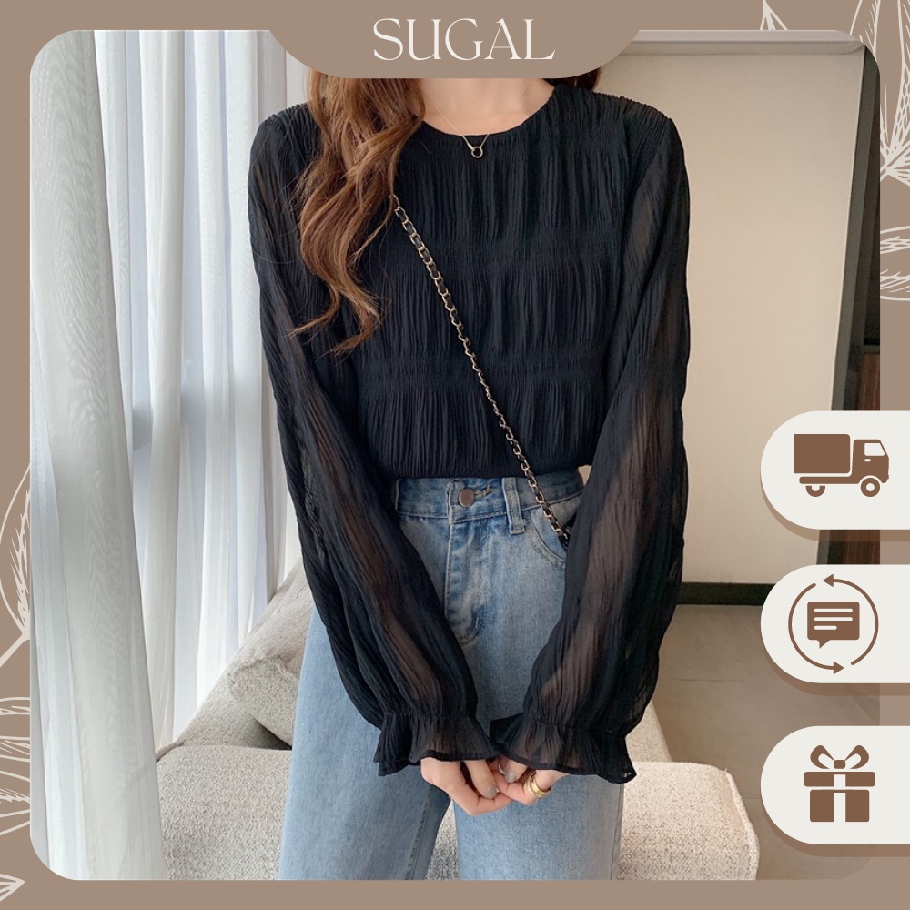 Áo Sơ Mi Nữ Cao Cấp Voan Xốp Cổ Tròn Phối Tay Bồng Họa Tiết Nhún Phong Cách Trẻ Trung Thời Trang Sugal SO MI SG 005