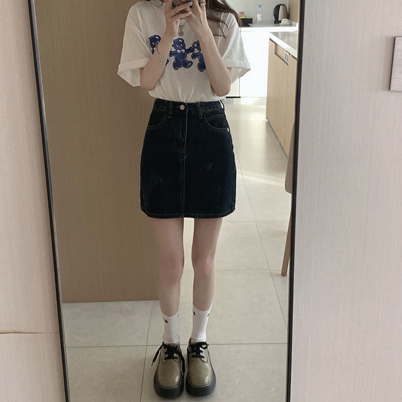 HUANG YOYO Chân váy chữ A lưng cao màu xanh lam đậm phong cách retro Hàn Quốc