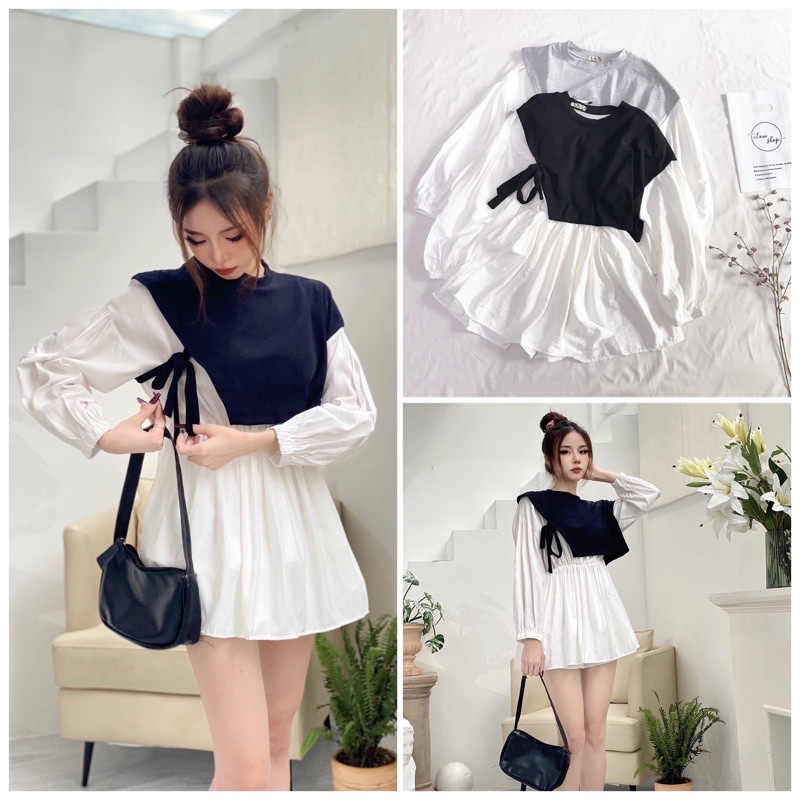 Áo babydoll phối màu đen trắng Lovi