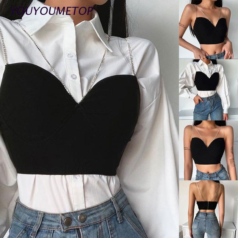 Áo Croptop Hai Dây Cổ Chữ V Hở Lưng Màu Đen Đính Đá Thời Trang Mùa Hè Quyến Rũ Dành Cho Bạn Nữ