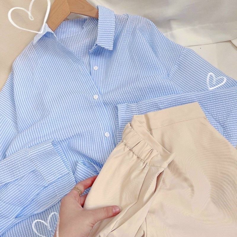 ‼️set sơmi sọc xanh + quần sọt nude