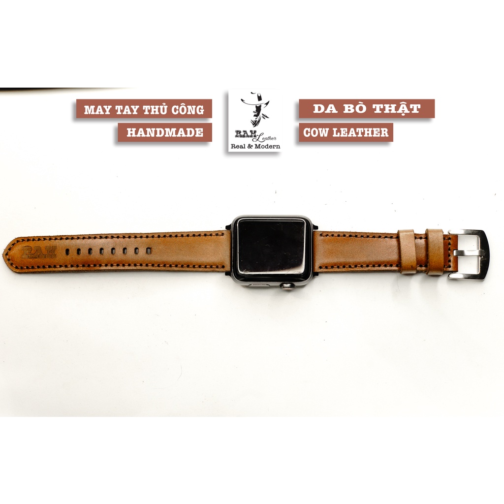 Dây apple watch da bò nâu đỏ handmade bền chắc cực đẹp RAM Leather classic 1980 - tặng khóa chốt và adapter