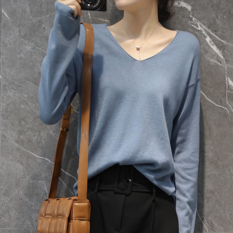 Áo sweater dệt kim tay dài dáng rộng cổ chữ V mềm mại phong cách Hàn Quốc thời trang mùa thu cho nữ 2021
