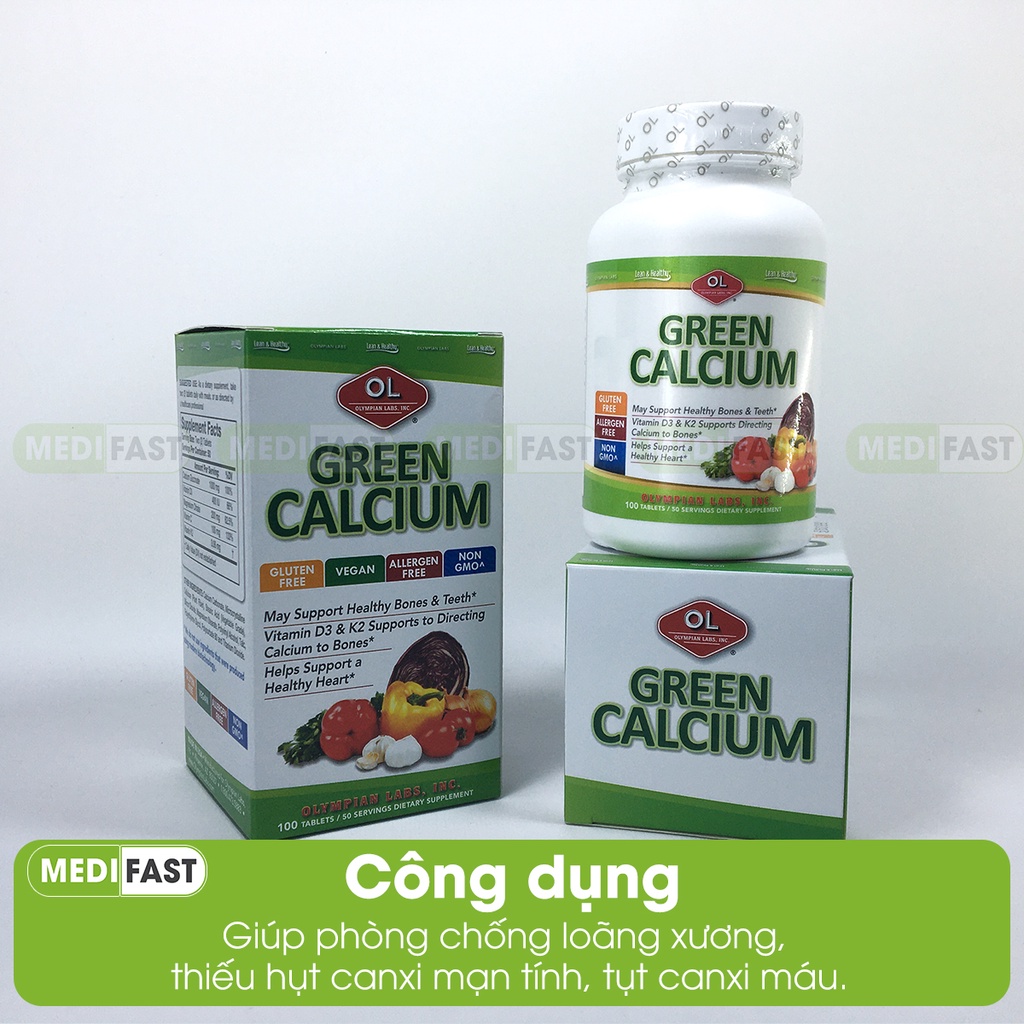 Green Calcium Bổ sung Canxi hữu cơ Nhập khẩu từ Olympian Labs Mỹ Lọ 100 viên có Vitamin D3, K2 cho mẹ bầu, sau sinh