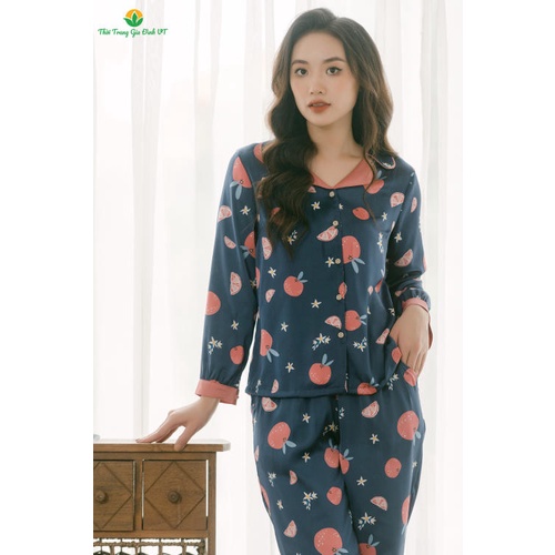 Bộ mặc nhà lụa quần dài áo dài họa tiết Thời trang gia đình VT B50.2108