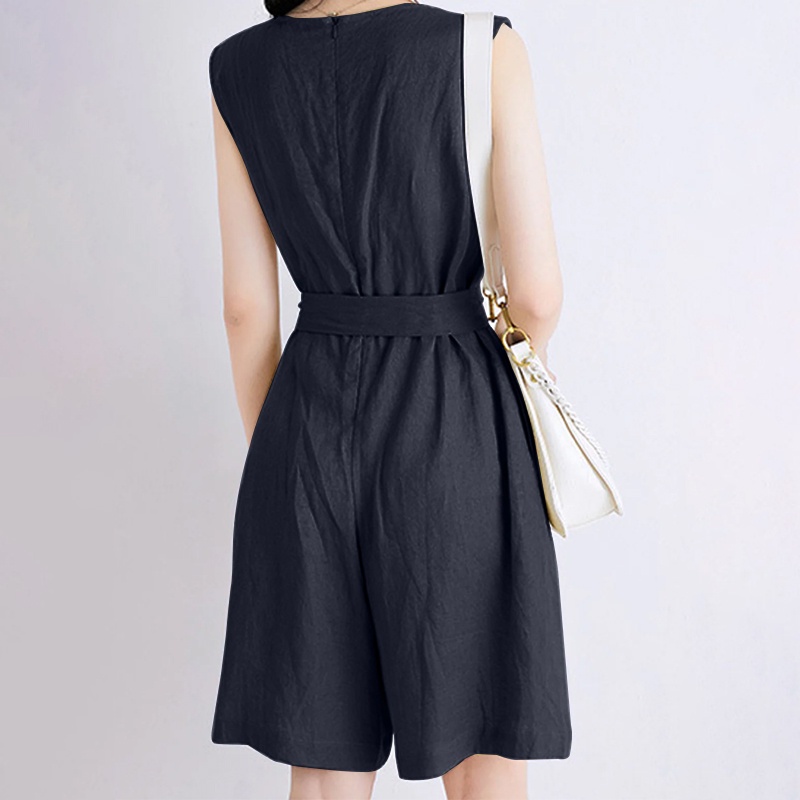 Áo liền quần ZANZEA không tay màu trơn có túi và thắt lưng thời trang dành cho nữ