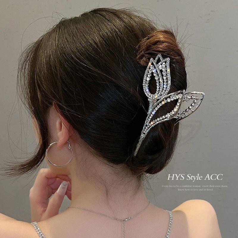 Kẹp Tóc Càng Cua Kim Loại Hàn Quốc Hình Hoa Tulip Đính Đá Siêu Sang Chảnh Kẹp Tóc Đi Chơi Đi Tiệc Mainia Shop