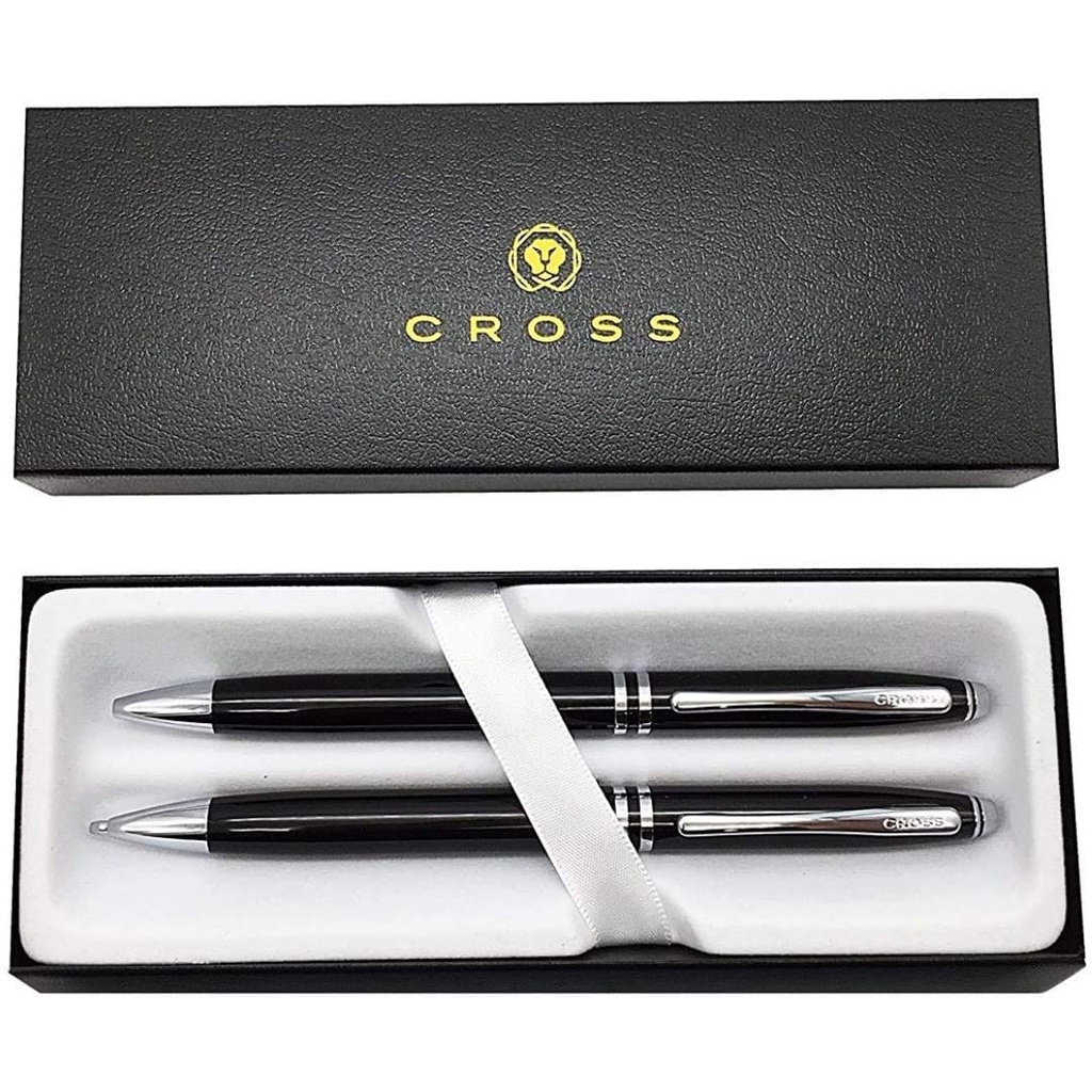 Cặp bút viết cao cấp chính hãng nhập từ Mỹ Cross LACQUER Chrome đen: viết bi + viết chì  làm quà tặng