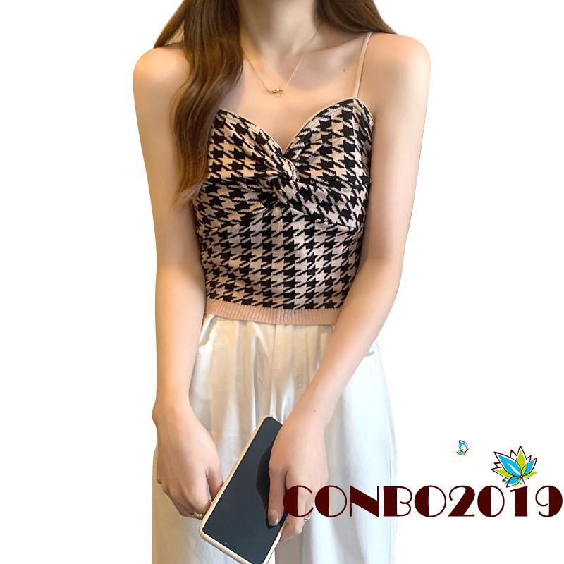 Hgm- Áo Tank Top Ôm Dáng Thắt Nút Họa Tiết Houndstooth Thời Trang Mùa Hè Cho Nữ