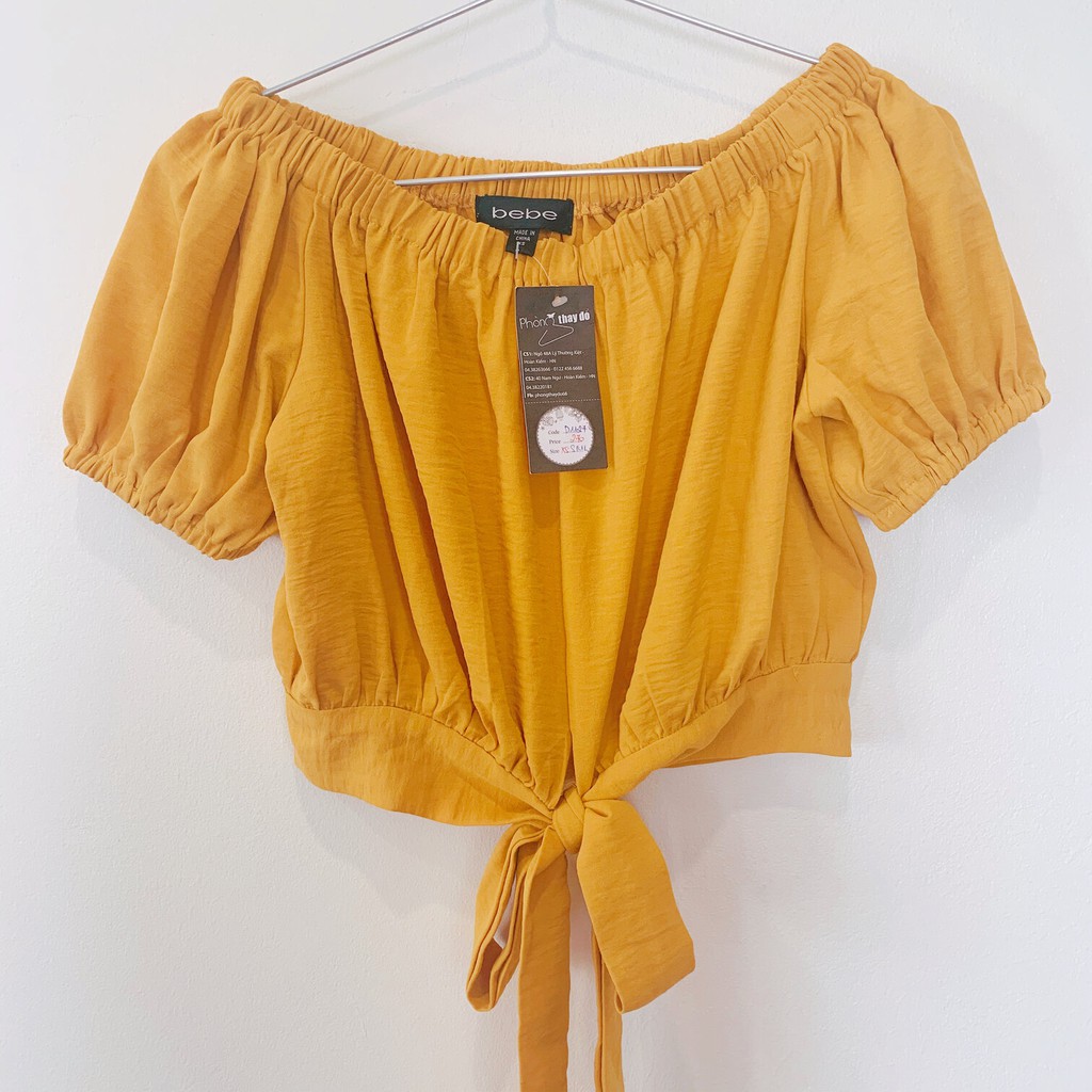 ÁO CROP TOP NỮ - BEBE – SIZE XS – VÀNG NÂU – CỘC TAY – CỔ THUYỀN – THẮT NƠ EO – CO DÃN – FIT LADY <5