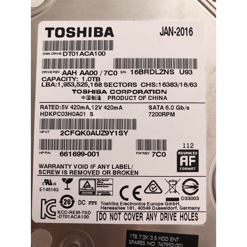 Ổ cứng HDD 1T Toshiba hàng tháo máy Dell, sản xuất năm 2016, 2017