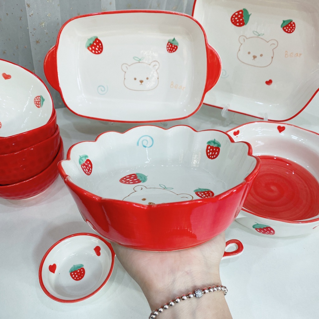 Bộ bát đĩa sứ decor trang trí món ăn dâu tây gấu đỏ 10 món siêu đẹp