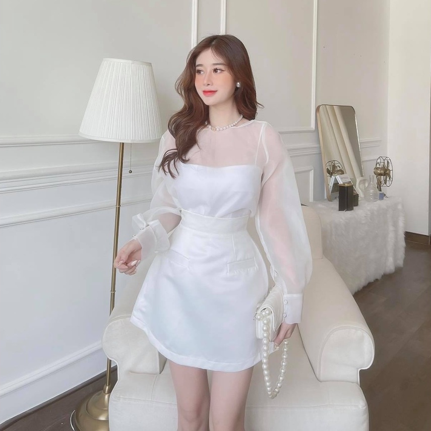 Set áo voan xốp tay dài chân váy chữ A