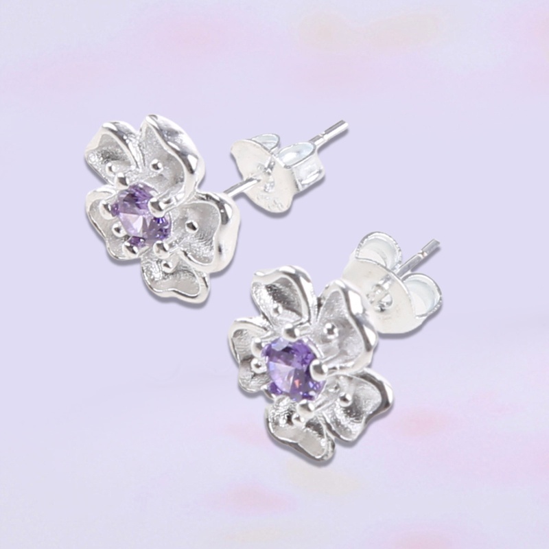 Khuyên Tai Hình Hoa Anh Đào Đính Đá Zircon Màu Hồng / Tím