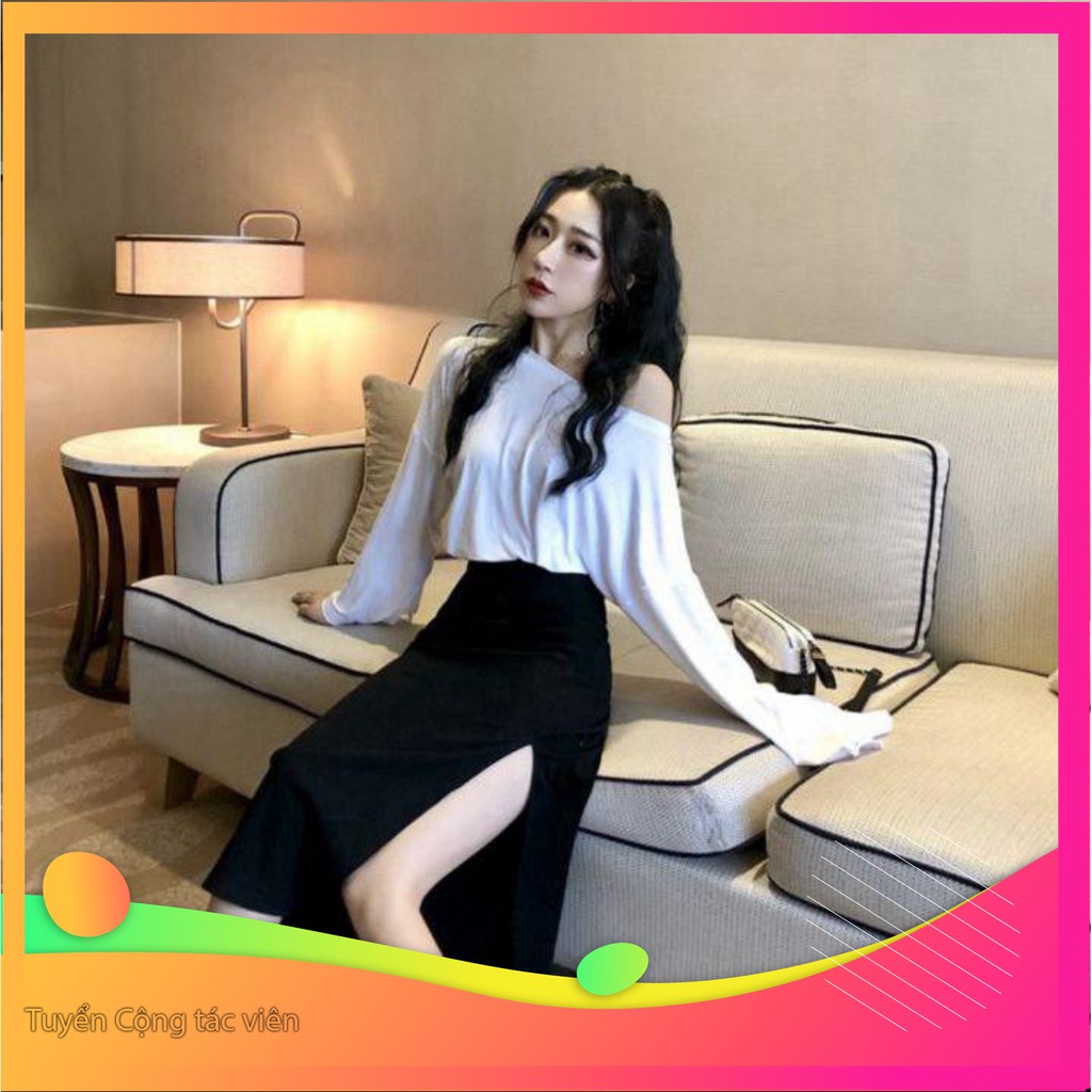 Dọn kho 168B1 Set áo thun lệch vai và chân váy voan xẻ tà Dọn kho