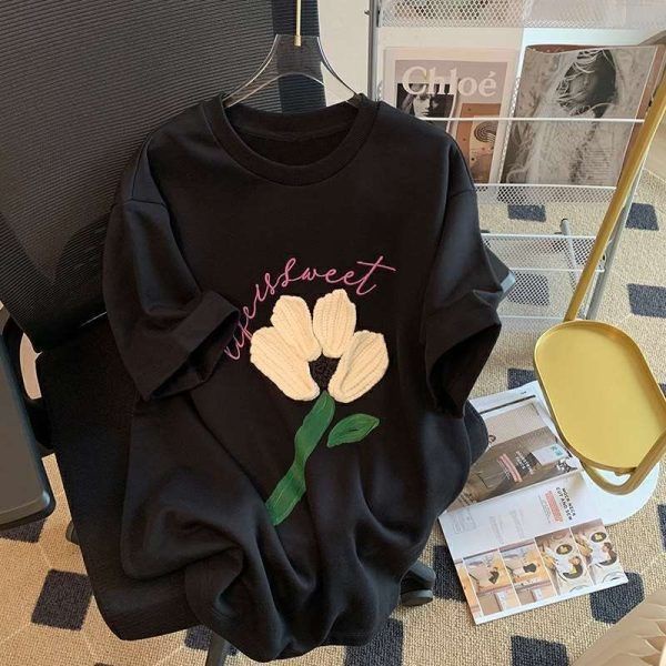 Áo Thun Nữ Ngắn Tay Họa Tiết Hoa Phong Cách Hàn Quốc