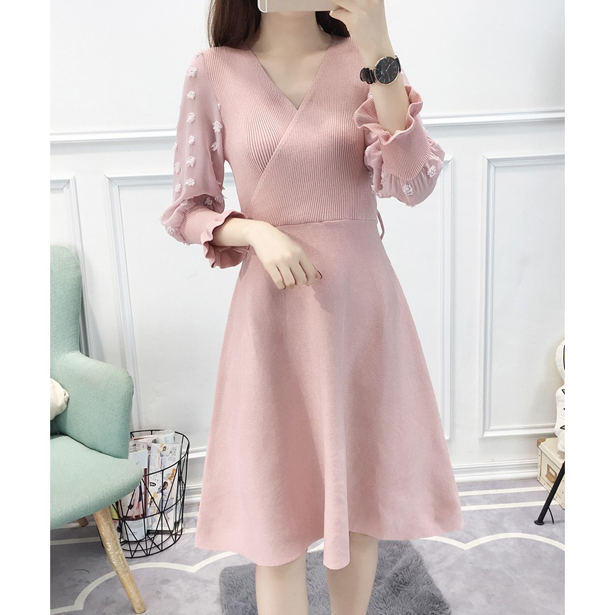 Váy đầm thời trang dự tiệc xòe chữ A công sở đi làm dạo phố hở vai tay bèo đẹp xinh phong cách Hàn Quốc Letter vm-2