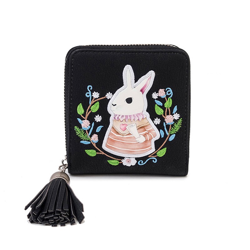 Ví Ngắn Nữ Cầm Tay Hình Vuông Nhỏ Gọn Dễ Thương Có Hình Chú Thỏ Thêu Hoa Xinh Xắn Dây Kéo Tua Rua Phong Cách Hàn Quốc | BigBuy360 - bigbuy360.vn