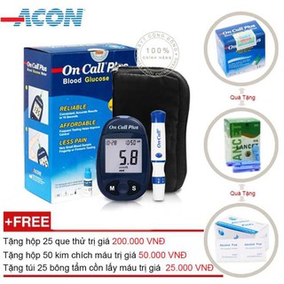 Máy đo đường huyết On call Plus MỸ + Tặng hộp que thử 25 test + Hộp 50 kim chích máu + Tặng túi 25 bông tẩm cồn lấy máu