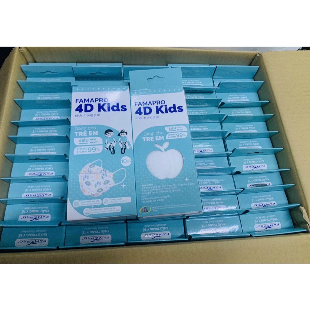 Khẩu trang Famapro Kid 4D trẻ em siêu mềm,kháng khuẩn 3 lớp cty Nam Anh hộp 10 cái