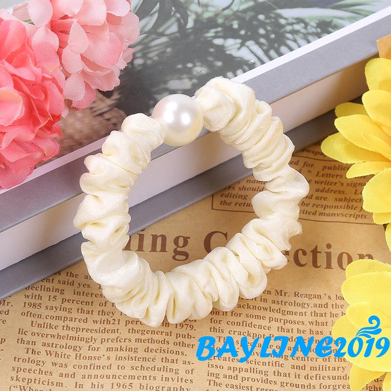 BAY- Dây buộc tóc đính ngọc trai màu trơn cho nữ màu be/ nâu/ xanh lá/ vàng