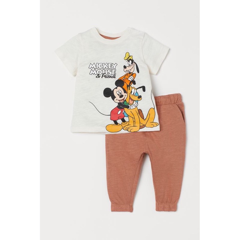 Bộ cotton xước mickey nâu HM 1-6Y (có ảnh thật) (áo cộc, quần dài)