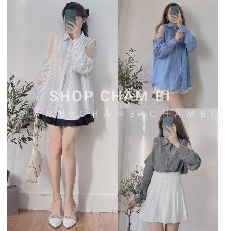 Áo sơ mi nữ form rộng A.245, Áo kiểu Hàn Quốc dài tay sọc dọc khoét vai 3 màu cực xinh