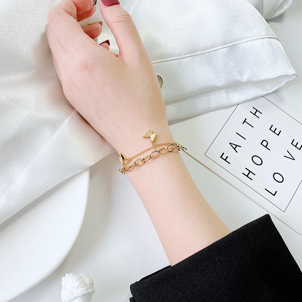 Vòng Tay Hai Lớp Bằng Thép Titan Họa Tiết Bướm Thời Trang Phổ Biến