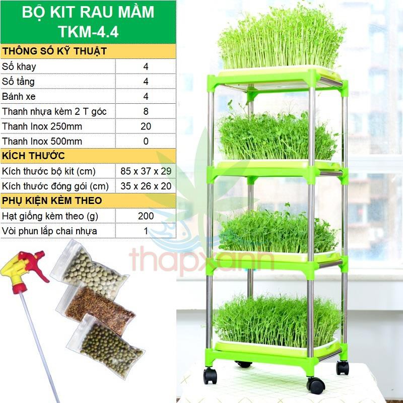 Bộ kit Khay trồng rau mầm thủy canh 2 lớp TKM-4.4, Khay, Giá đỡ, Vòi xịt, Hạt giống