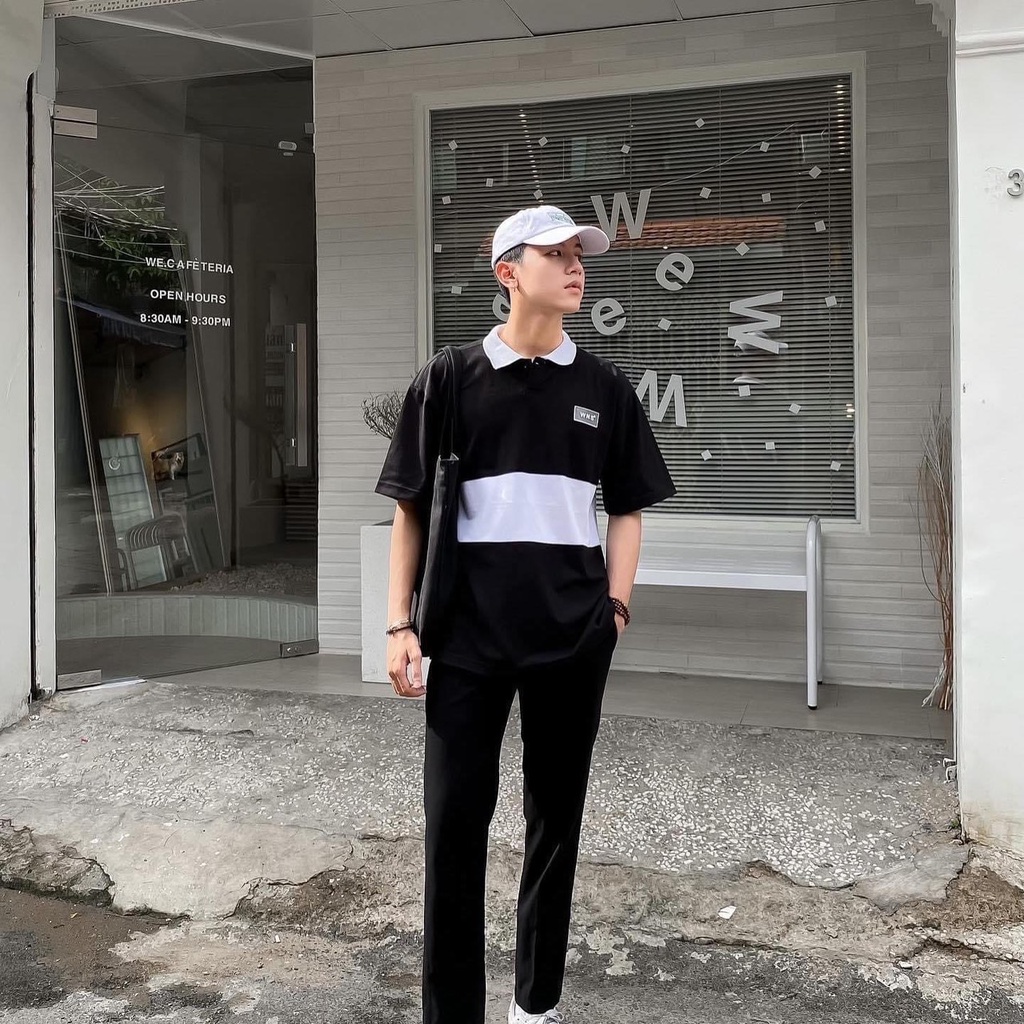 Áo thun POLO TEM SU WZS nam có cổ màu đen và trắng form rộng - vải da cá - SHOP MAYLAN - hàng đặt may