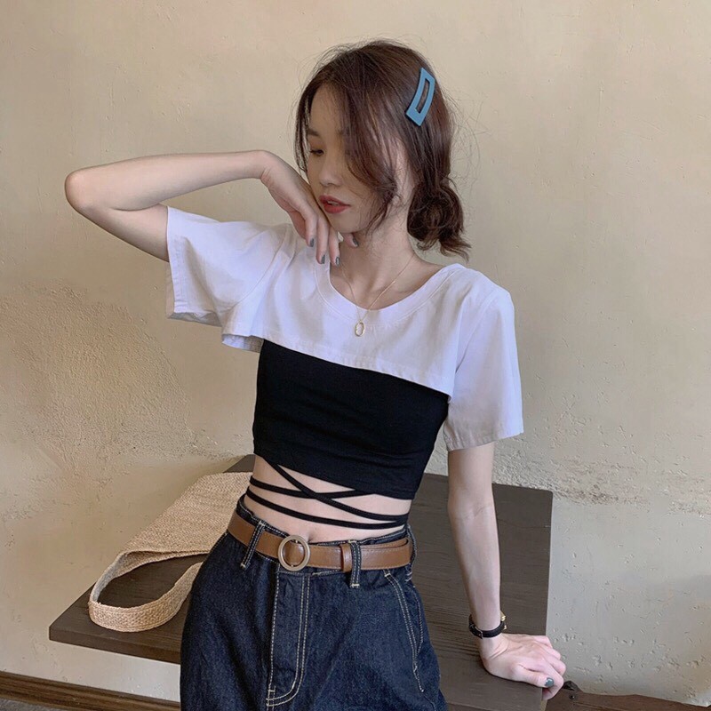 Sét Áo 2 Món Croptop Tay Ngắn + Áo Trong + Phối Chân Váy Xếp Li Ngắn Nhiều Size Trẻ Trung Cá Tính