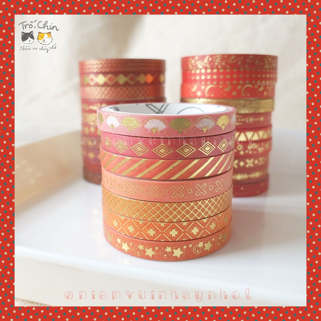 [HÀNG CÓ SẴN] [ẢNH THẬT] Washi tape nhũ ánh kim MÀU ĐỎ Gold Red Washi tape (kích thước 5mm*2m)