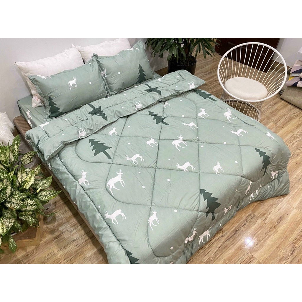 (DEAL SỐC)  Full Set Chăn Phao 5 Món Ga Gối Poly loại 1 Chăn Bông Tuần Lộc Xanh Như Hình [Loại Bông Dày Đắp Mùa Đông]
