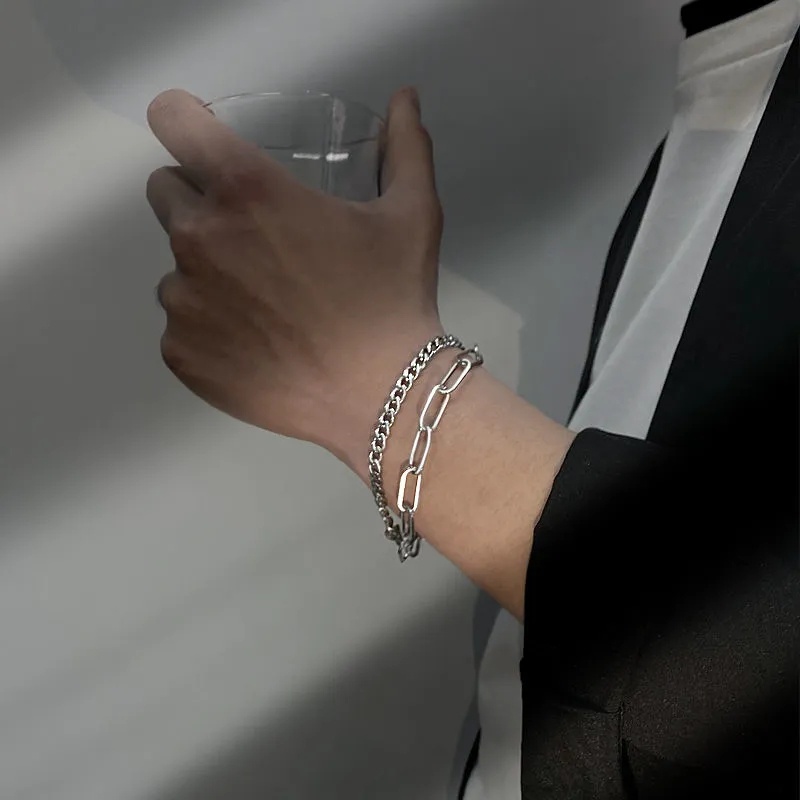 Vòng Tay Dây Xích Hai Lớp Bằng Thép Titanium Phong Cách Hip hop Đơn Giản Thời Trang Cho Nam Và Nữ