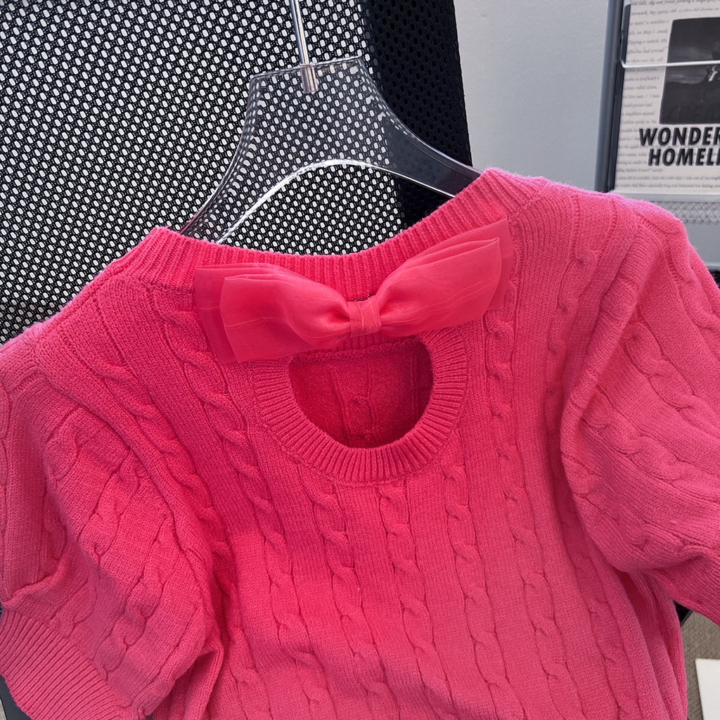 NUZIRO  Áo thun  dệt kim ngắn tay đính nơ xinh xắn cho nữ