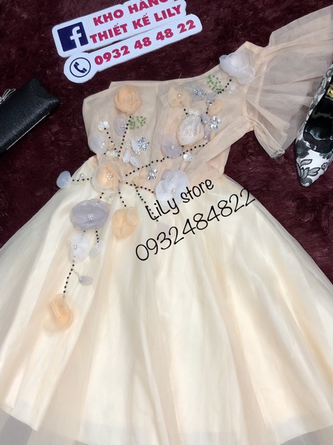 ẢNH VÀ VIDEO THẬT 10000%     Đầm xoè lệch vai hoa nổi kết cườm sang trong