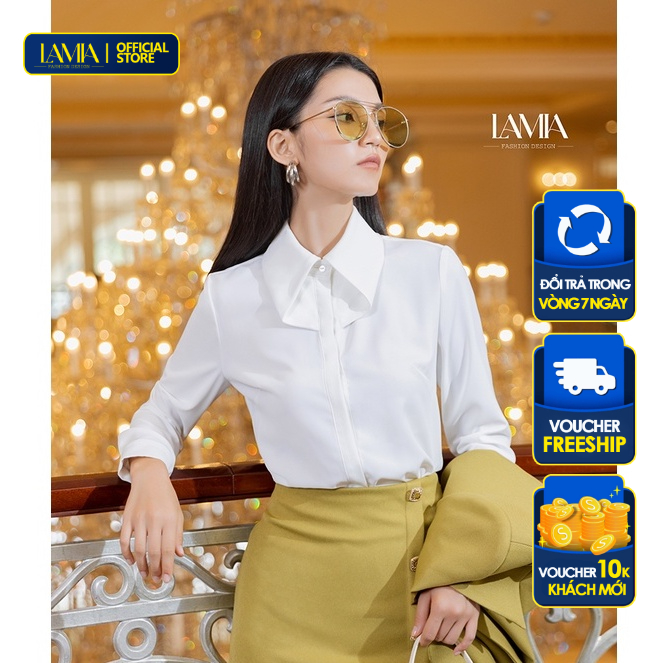 Áo sơ mi trắng Lamia Design LA307 lụa ấn phối bèo xếp