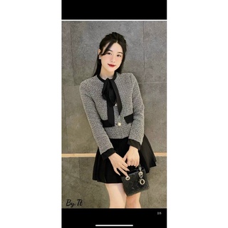 Áo dạ tweed cổ buộc nơ đen hàng TQXK