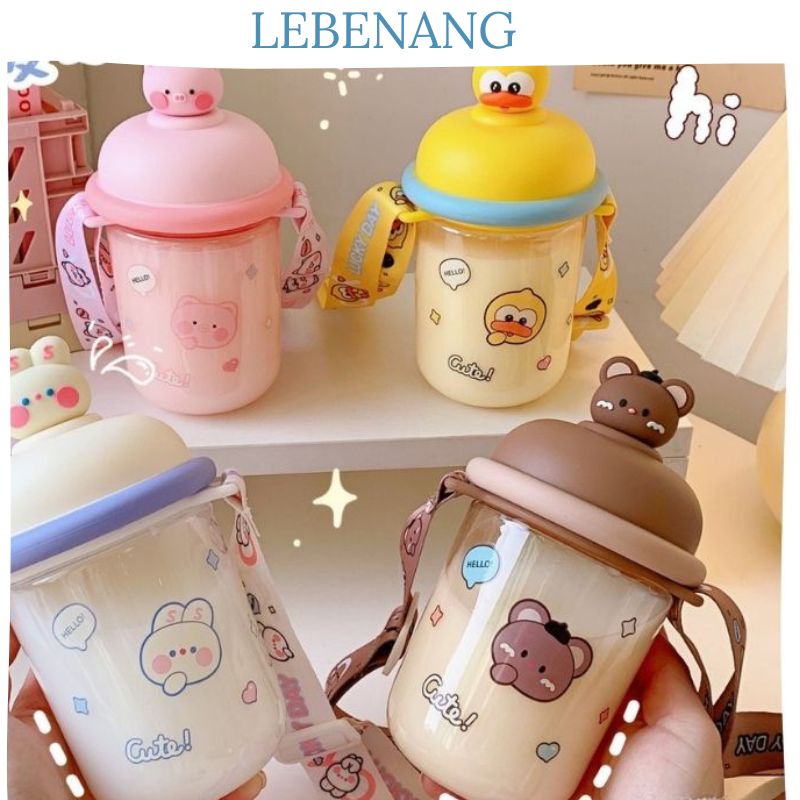 Bình nước cute nắp kín hình thú 435 ml kèm dây đeo tặng kèm LEBENANG