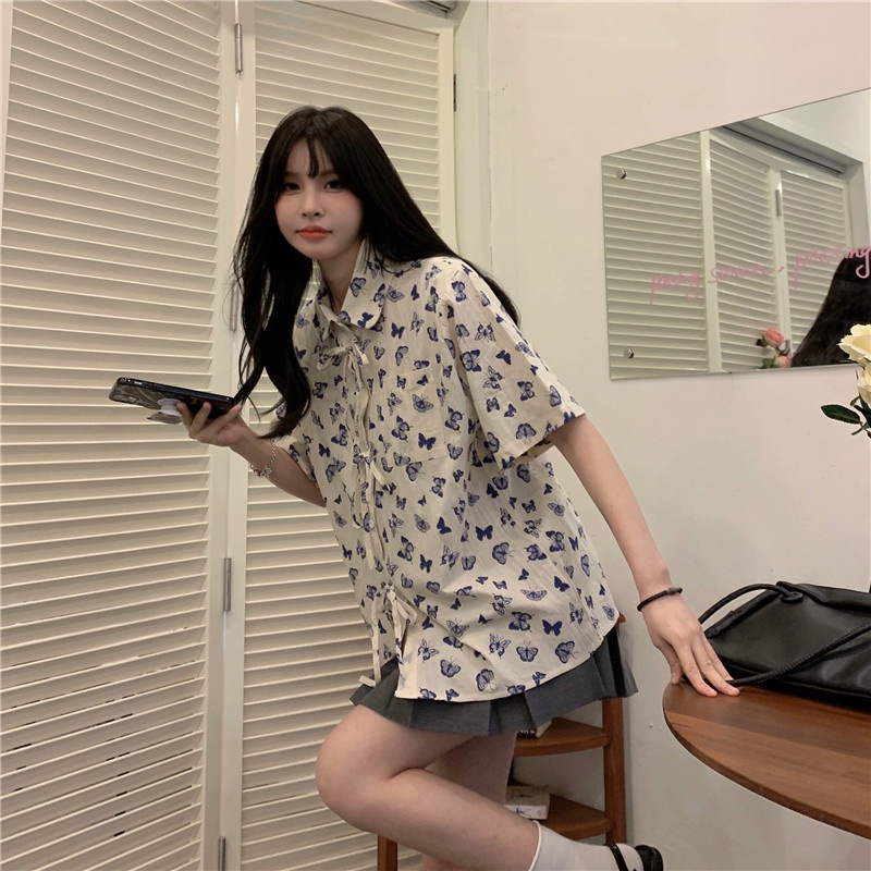 SUXI Áo Sơ Mi Tay Ngắn Dáng Rộng In Họa Tiết Bướm Phong Cách Cổ Điển Thời Trang Mùa Hè Cho Nữ