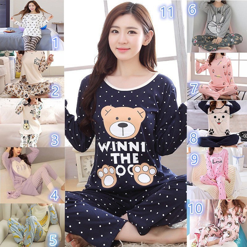 Bộ Đồ Ngủ 2 Món Vải Cotton Tay Dài In Hoạt Hình Dễ Thương Size M-xxl