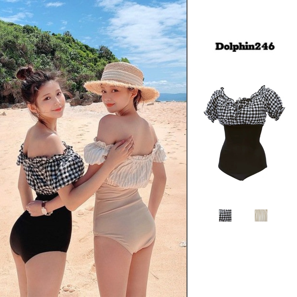 Bikini Trễ Vai Có Tay Liền Che Bụng Quảng Châu Chất Đẹp Kẻ Caro Đen 2344 F-2